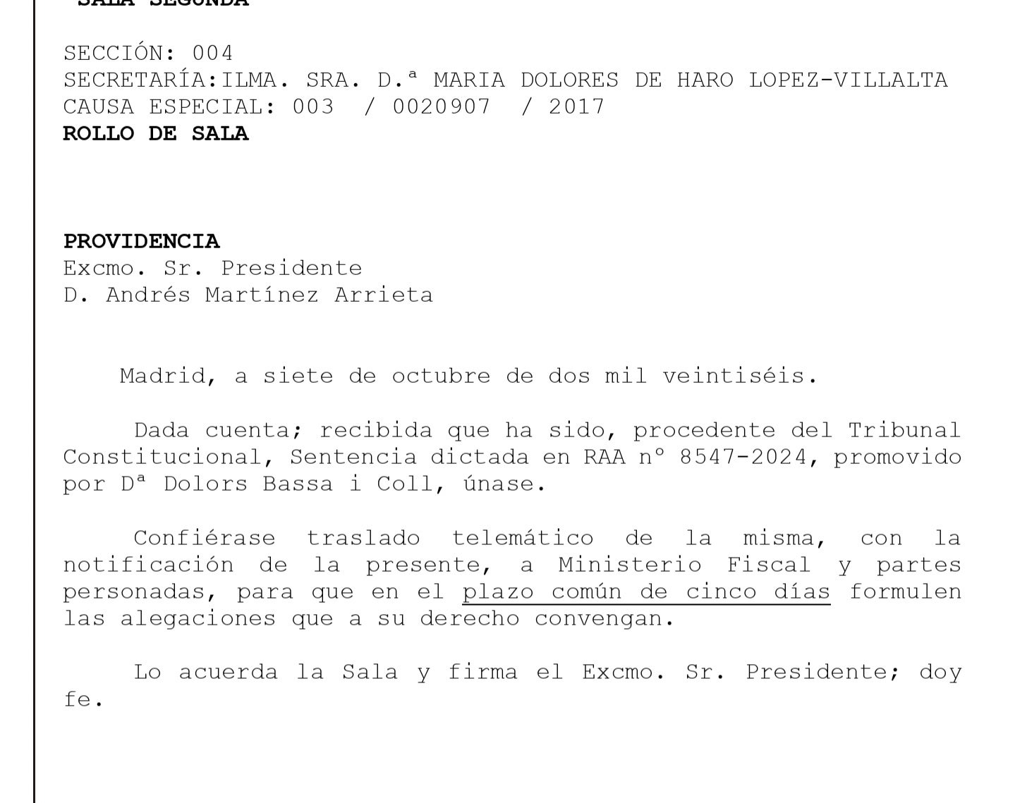 Part de les providències del Suprem sobre la sentència del TC/QS