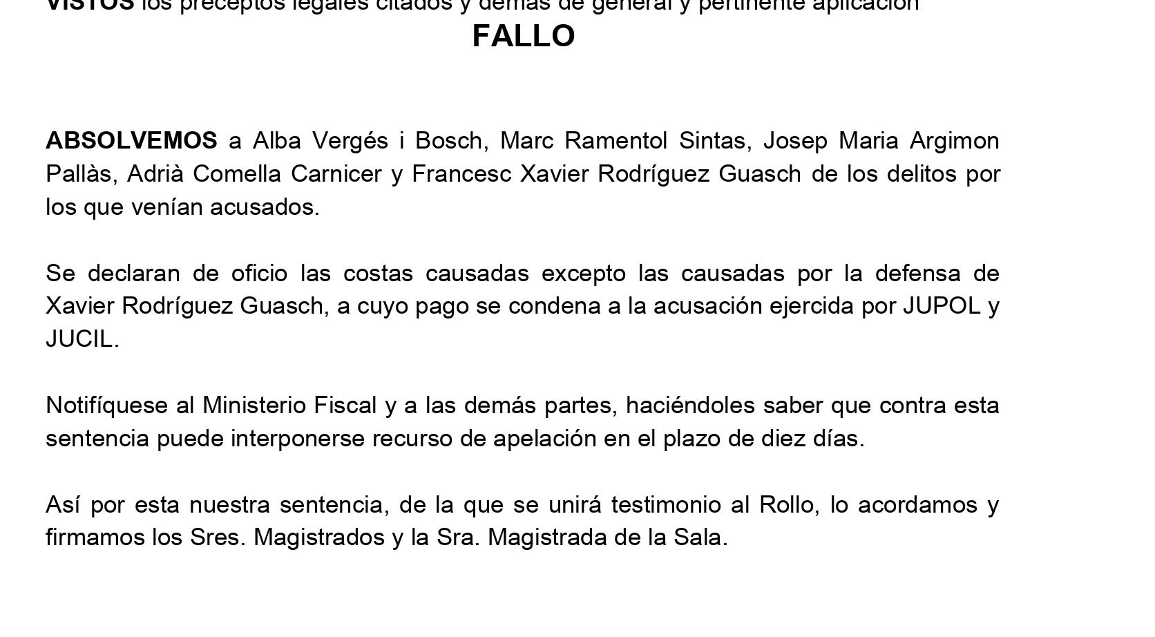 Part dispositiva de la interlocutòria que absolt la cúpula de salut durant la COVID/QS
