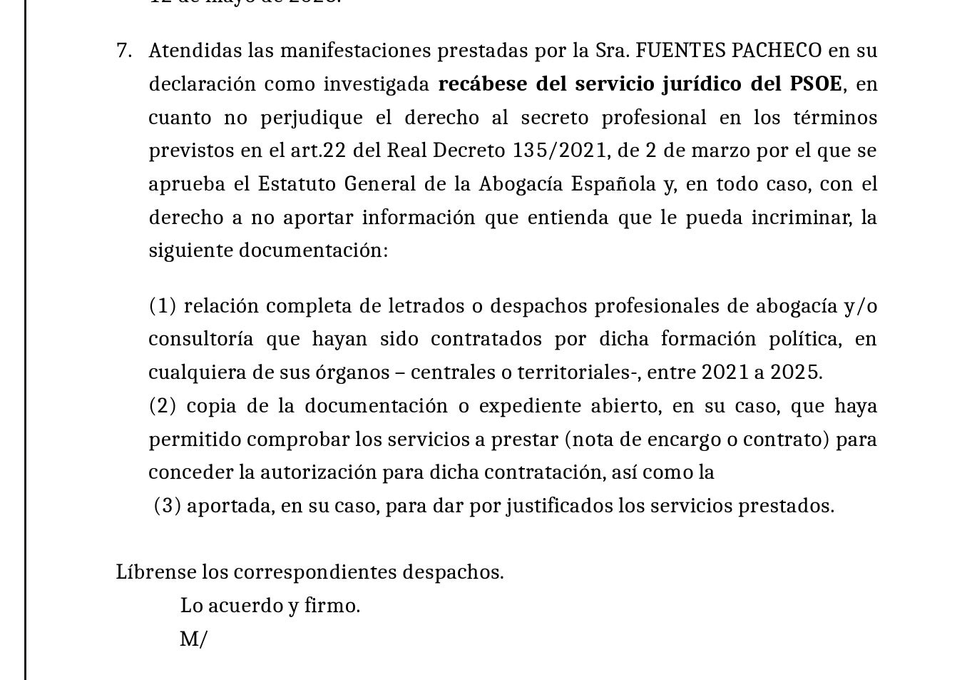 Parte de la interlocutoria sobre la investigación del PSOE/QS