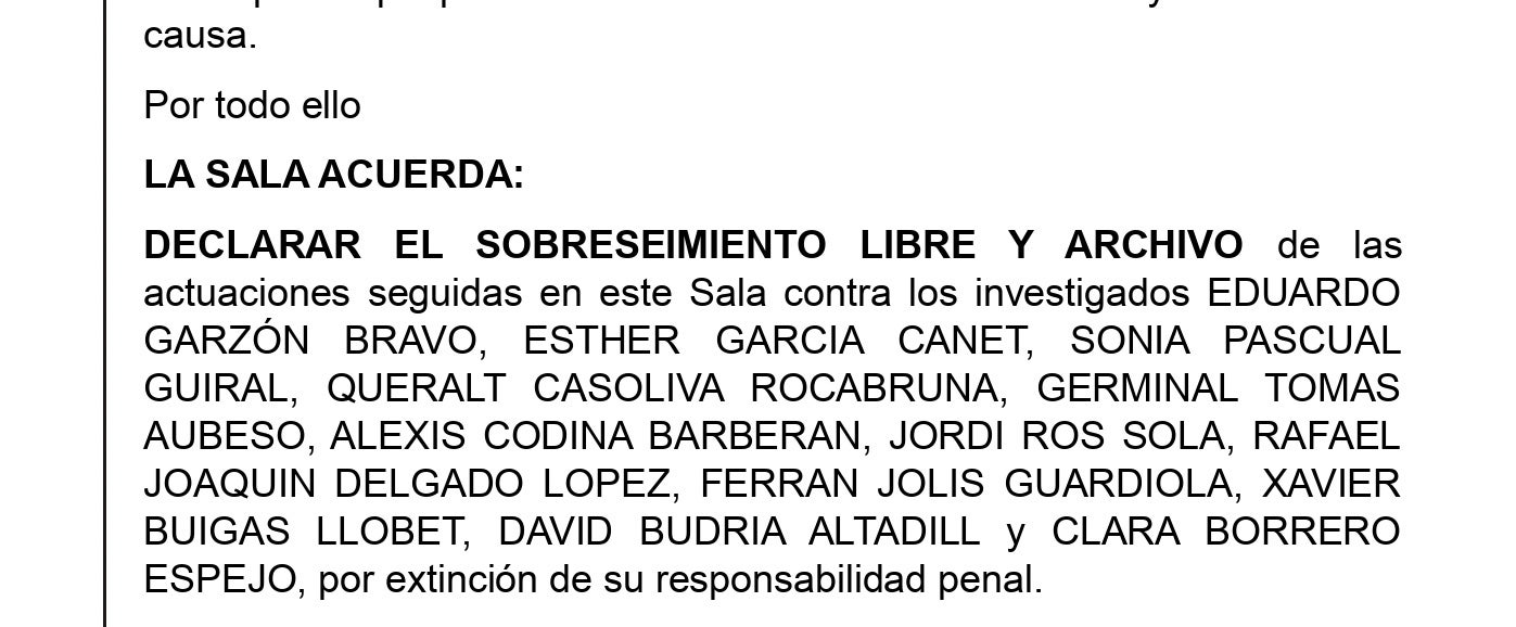 Parte dispositiva de la resolución que libera a los procesados por la operación Judes/QS