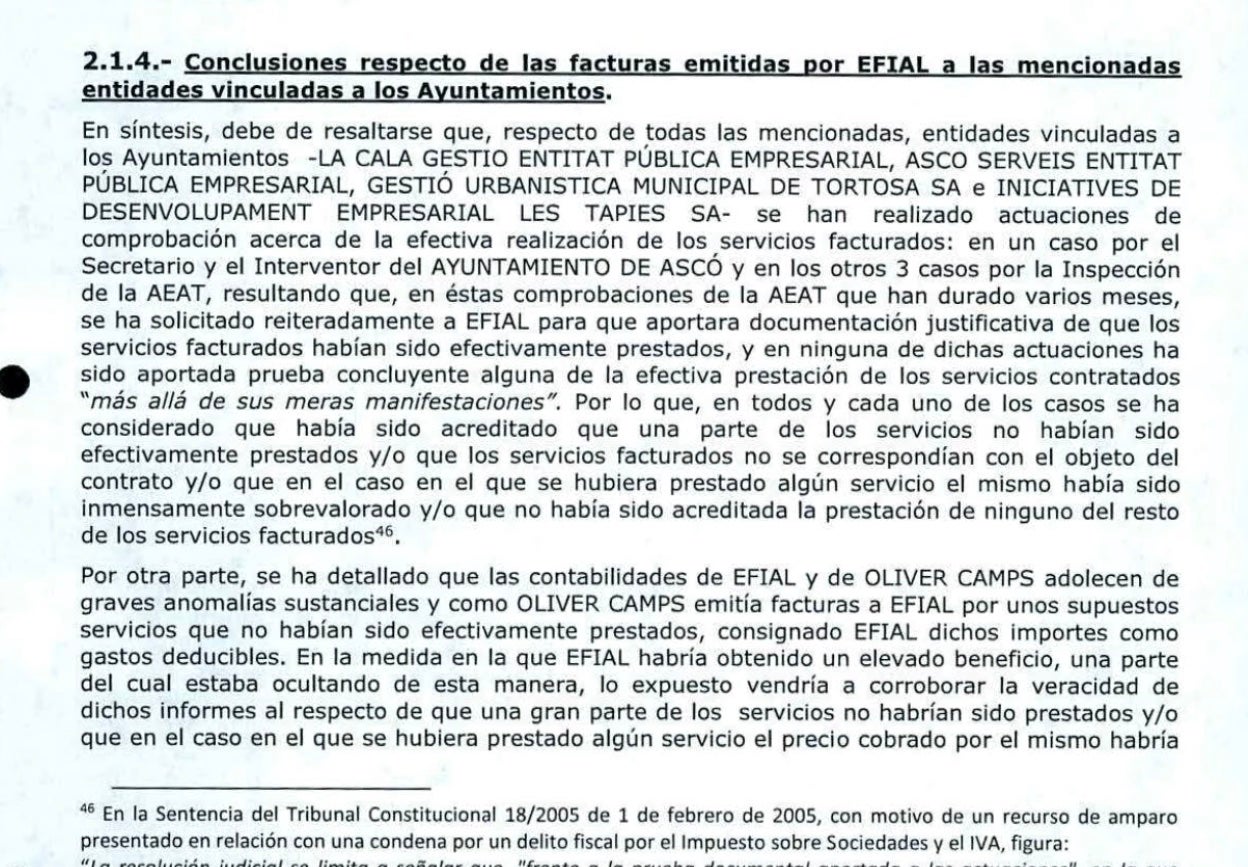 Una part de l'informe sobre les situació fiscal de les empreses i acusats del cas Efial/QS