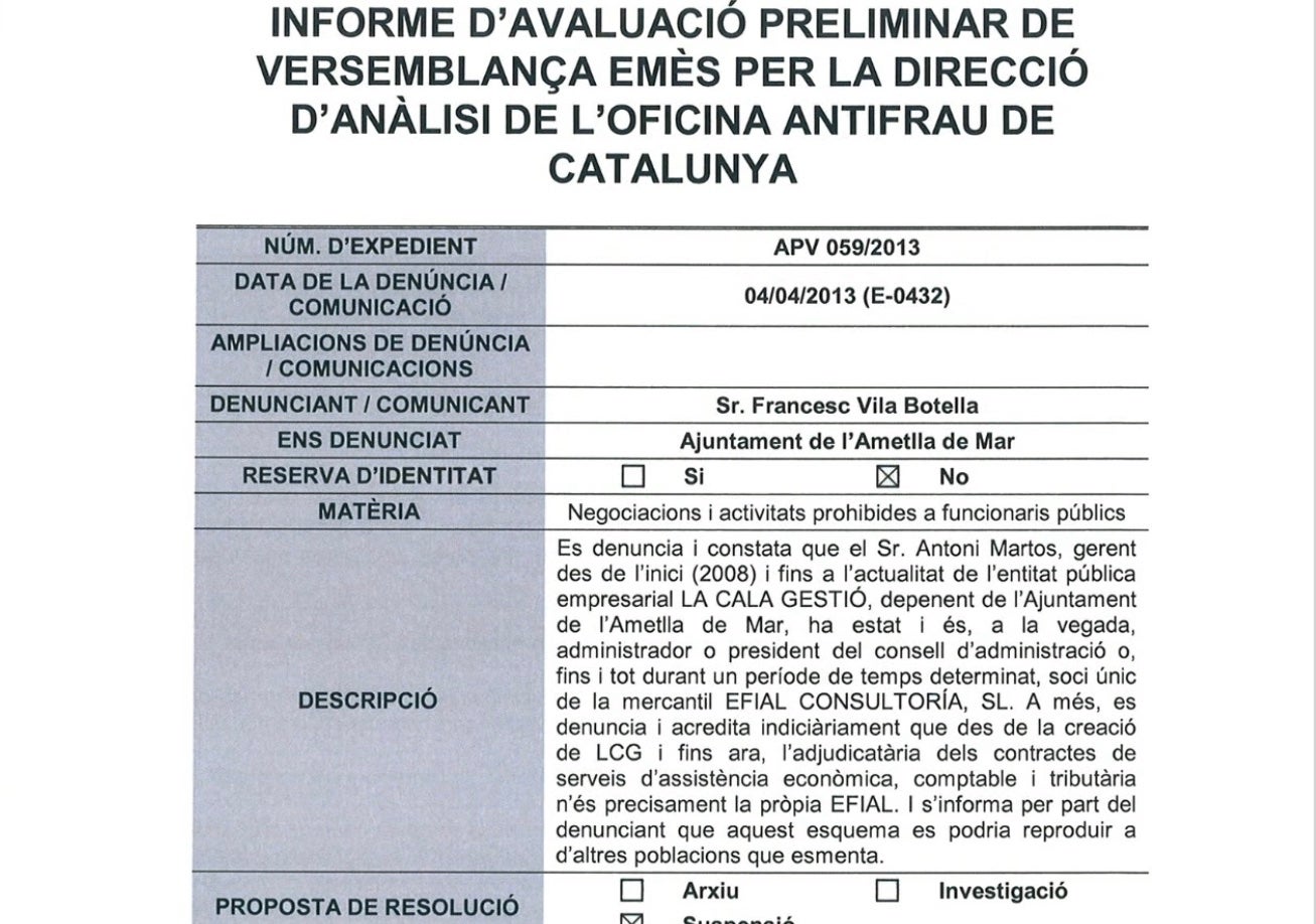 Portada de la denúncia de l'Oficina Antifrau sobre el cas Efial