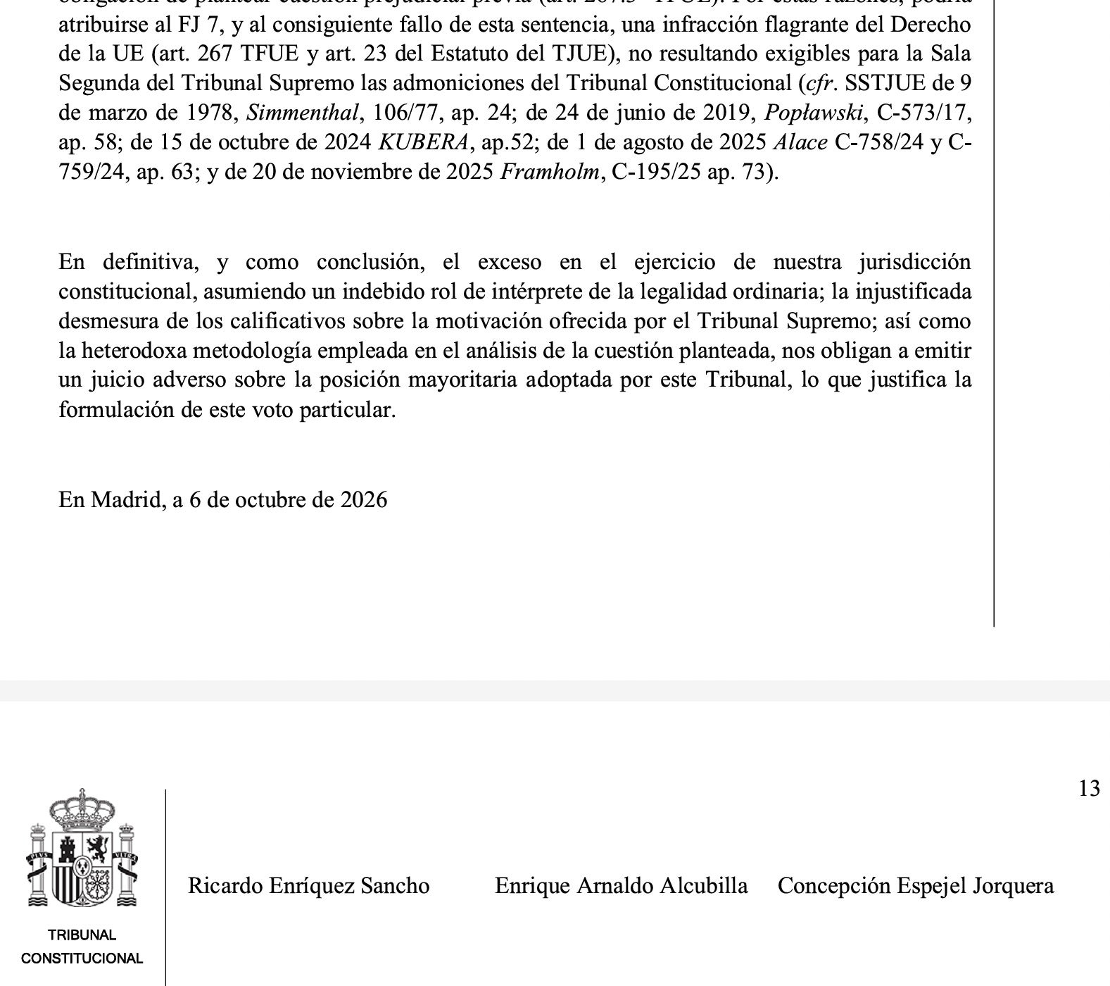 Part final del vot particular dels cinc magistrats consevadors/QS