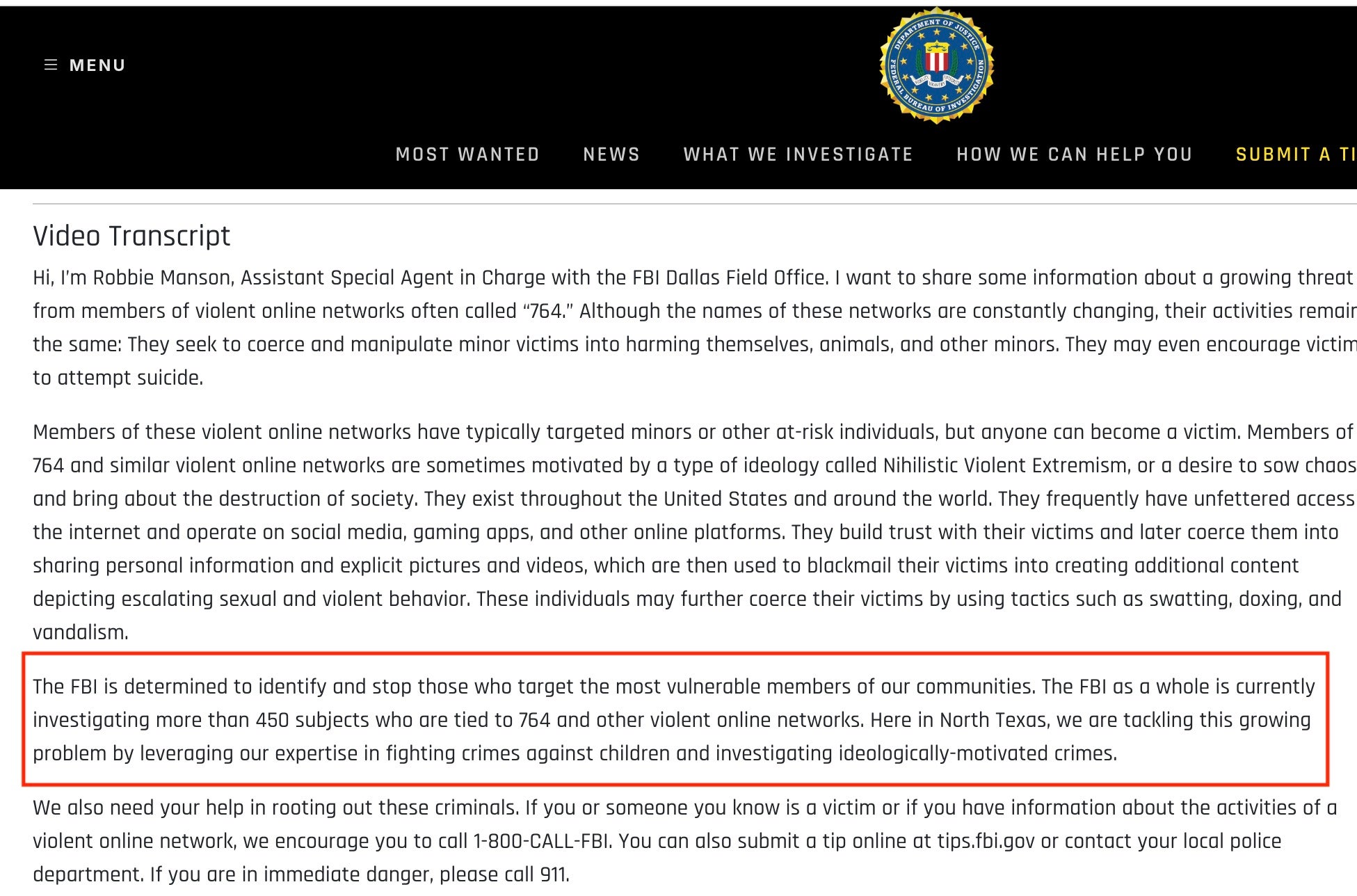 Uno de los informes del FBI sobre el extremismo Nihilista/Departamento de Justicia