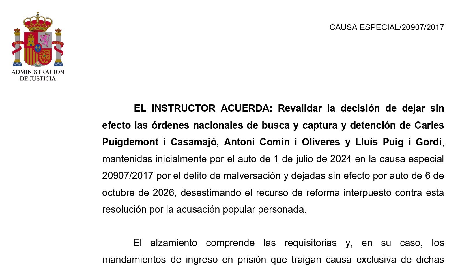 Part dispositiva de la resolució que aixeca les ordres de detenció de l'exili/QS