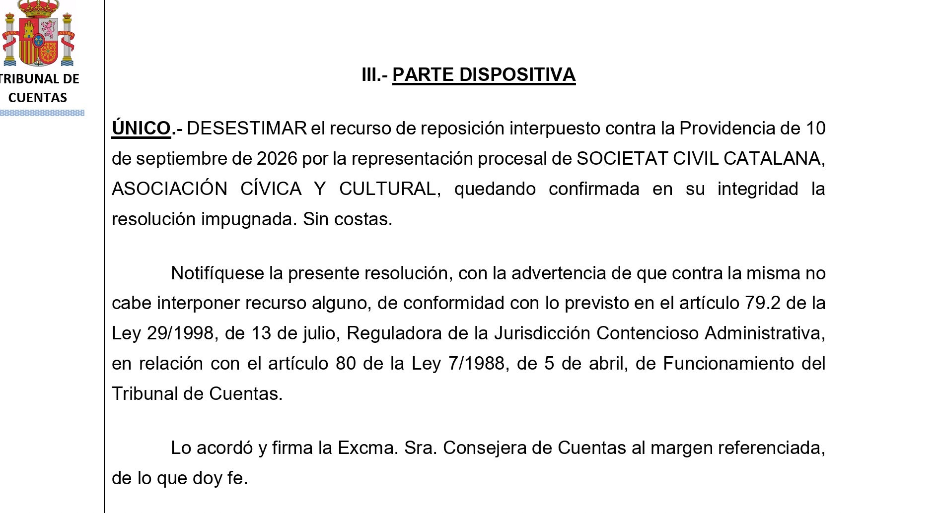Part dispositiva de la resolució del Tribunal de Comptes/QS