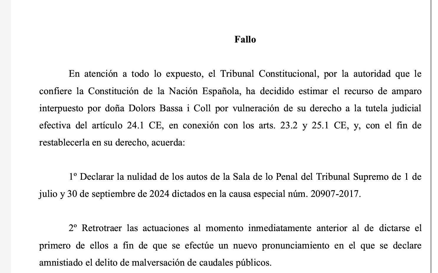 El veredicte de la sentència que ordena aplicar l'amnistia/QS