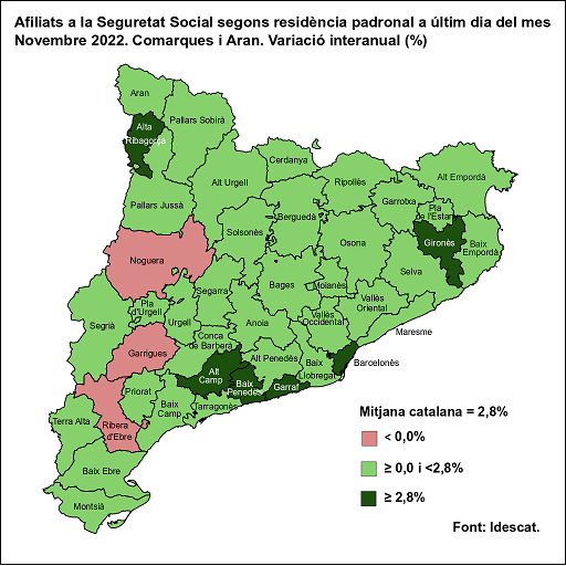 Mapa dels afiliats a la seguretat social a Catalunya el novembre de 2022 / Idescat