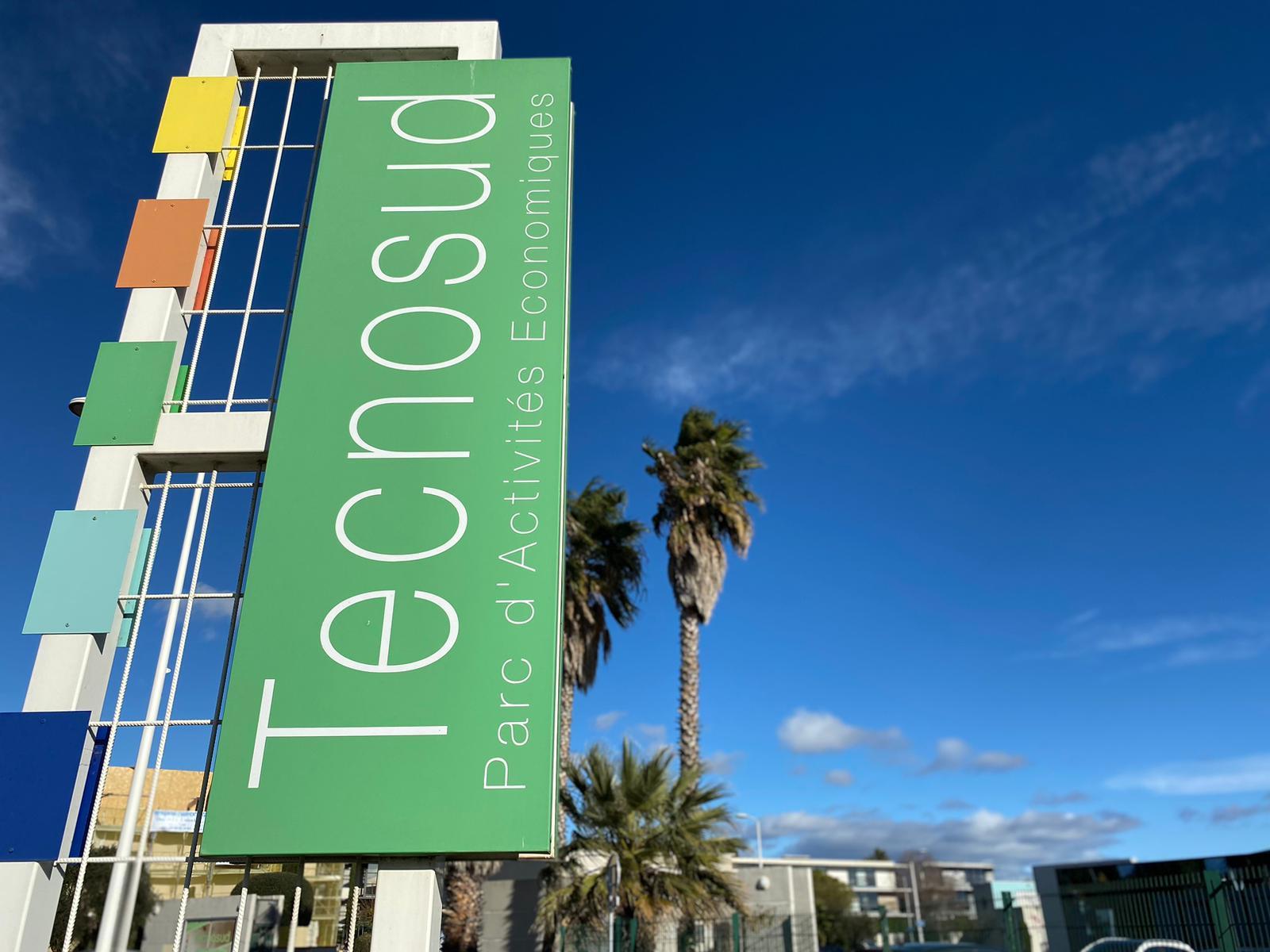 Entrada del polígon industrial Tecnosud, a Perpinyà, on es prepara un macroprojecte d'autoconsum d'energia fotovoltaica
