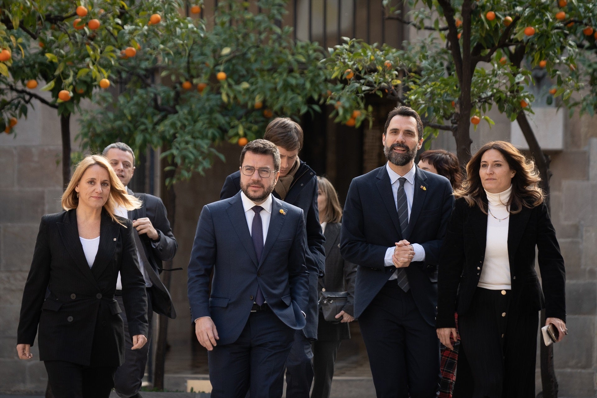 Imatge d'arxiu de la consellera Natàlia Mas, el president Pere Aragonès, el conseller Roger Torrent i la vicepresidenta Laura Vilagrà entrant en una reunió del Consell Executiu / David Zorrakino