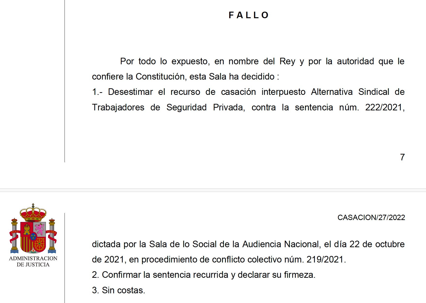 Part dispositiva de la sentència de la corbata que avala l'obligació empresarial de portyar-la/QS