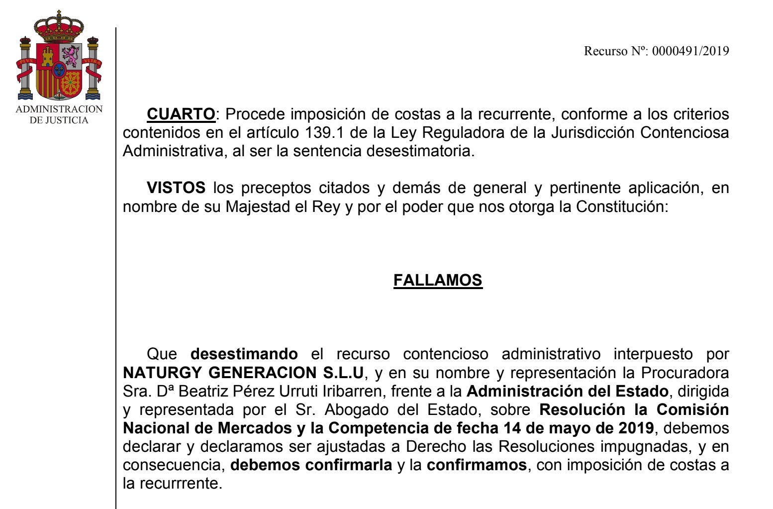 Parte dispositiva de la sentencia que condena Naturgy/QS