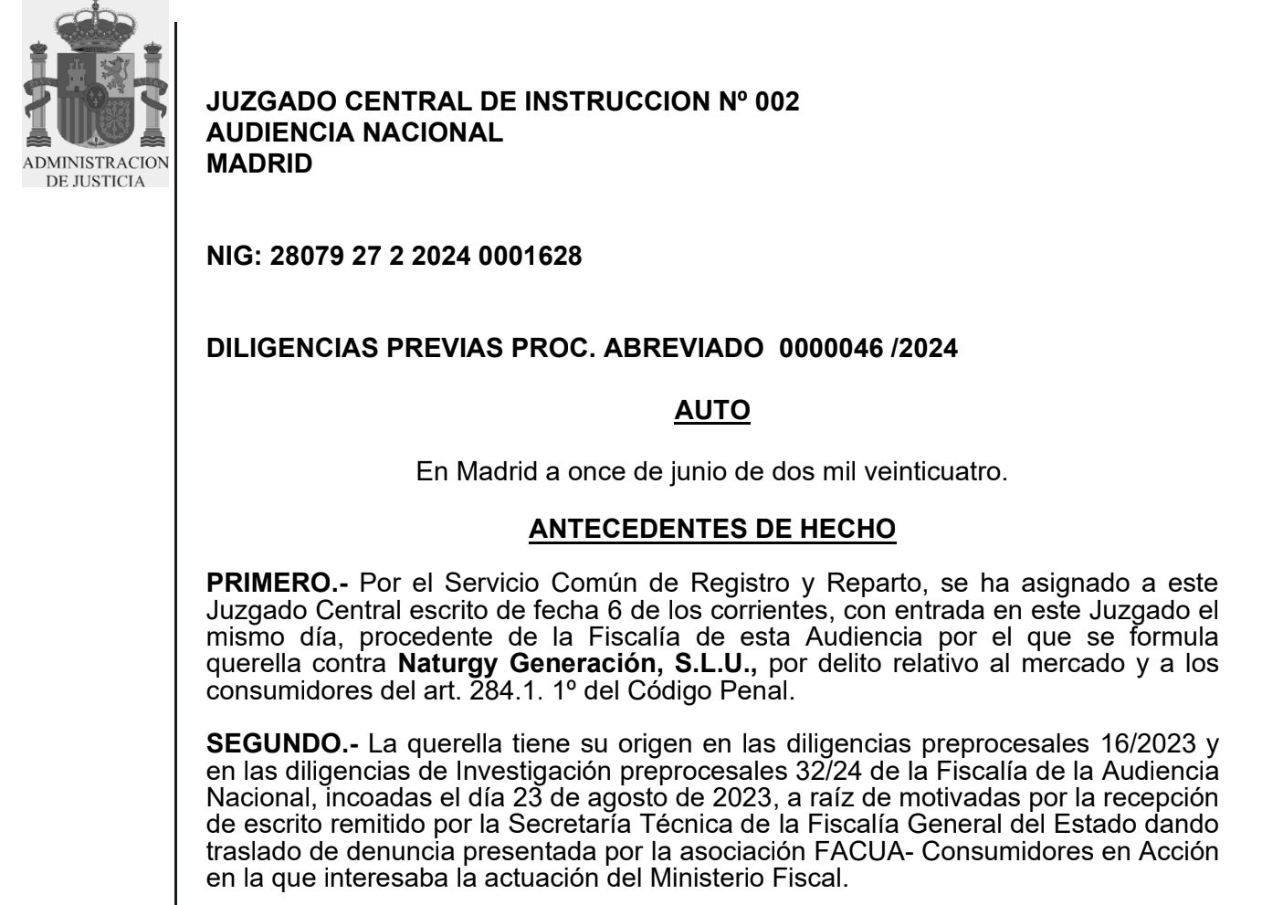 Parto de la cabecera de la resolución del juez Calama sobre Naturgy