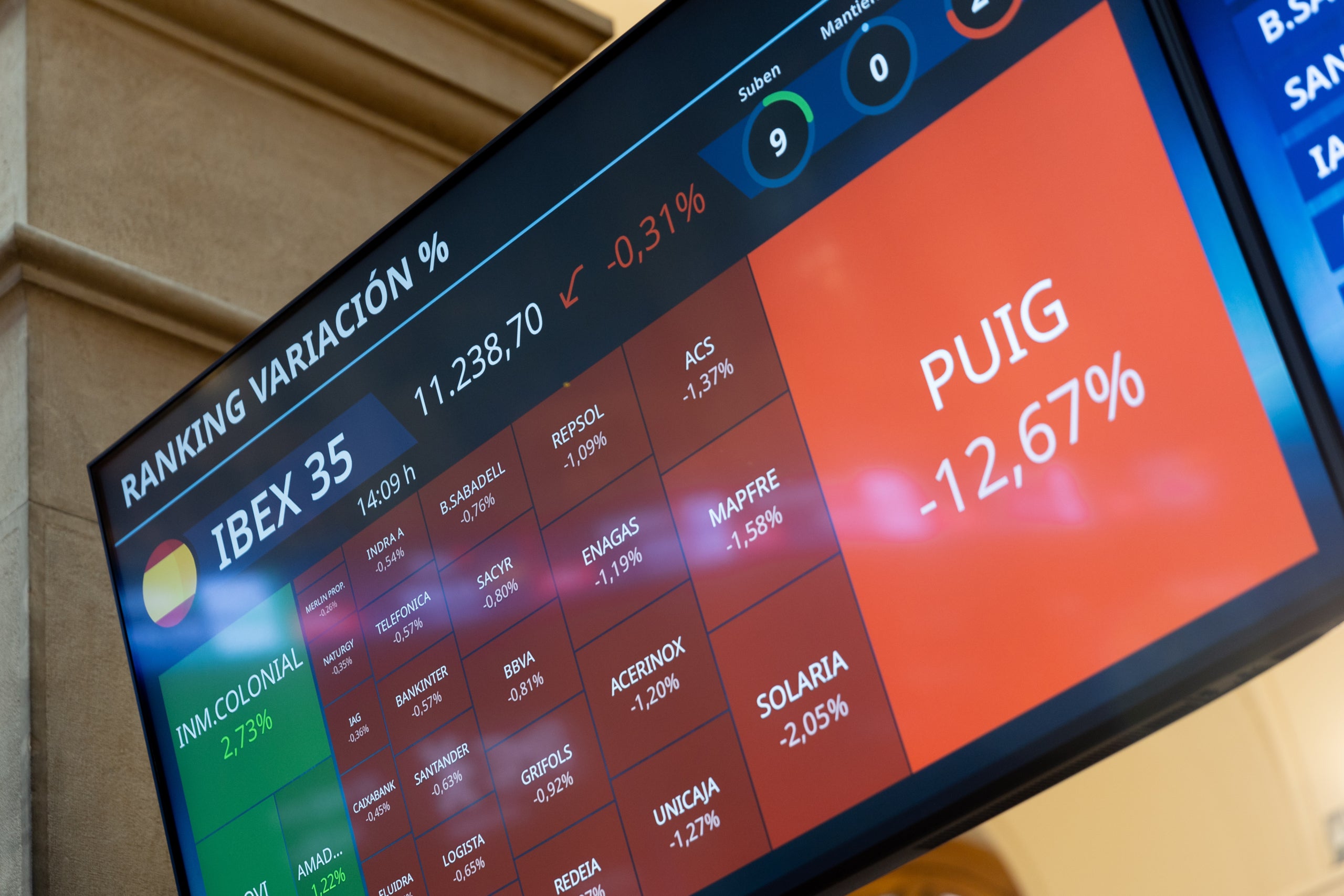 Panell informatiu de Puig en el Palau de la Borsa de Madrid / Europa Press