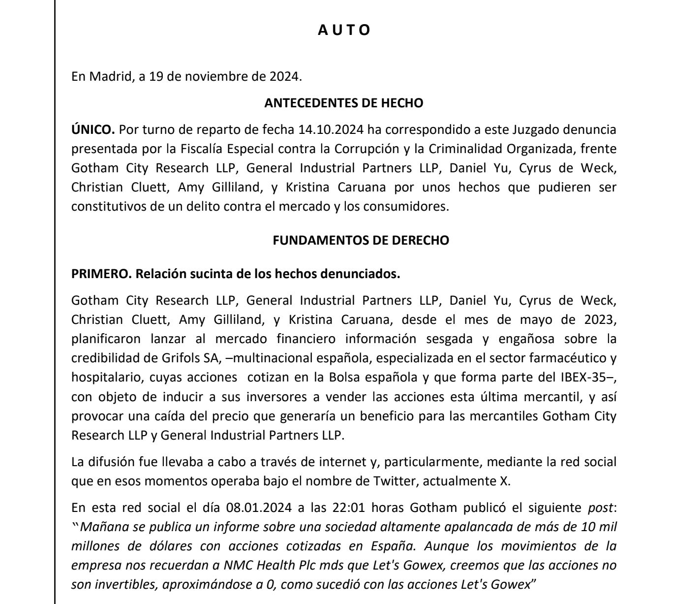 Parte de la interlocutoria del juez Calama sobre Ghotham y Grífols/QS