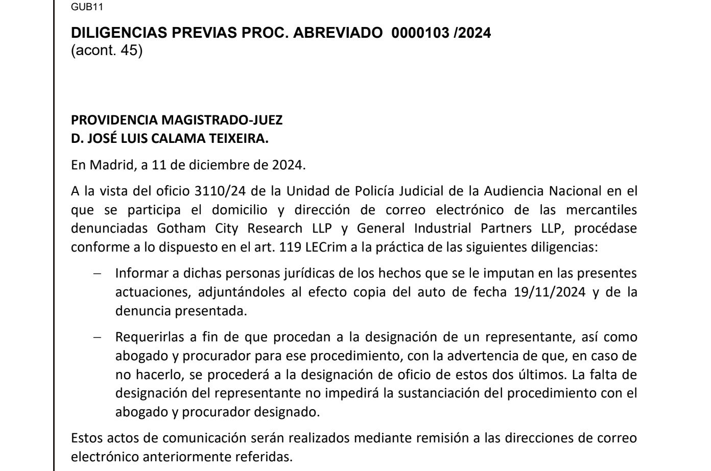 Part de la diligència de Calama sobre Gotham i Grifols