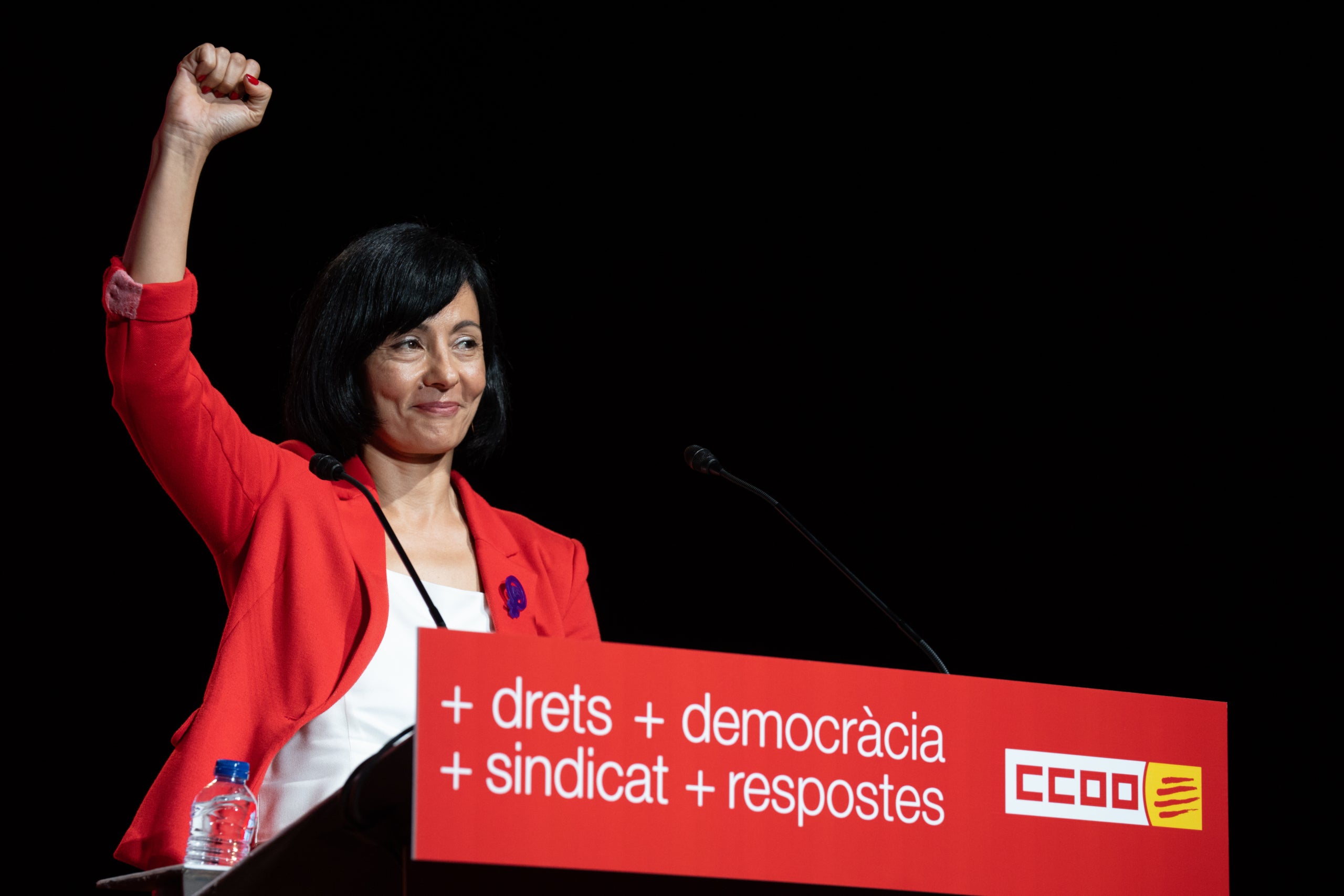 La nova secretària general de CCOO, Belén López, durant el seu primer discurs / David Zorrakino (Europa Press)