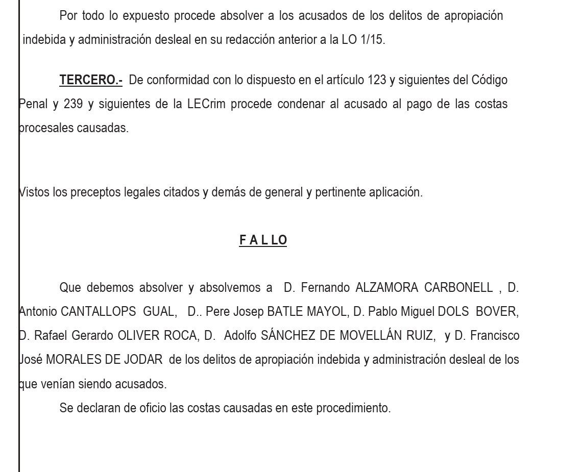 Parte dispositiva de la sentencia del caso Sa Nostra