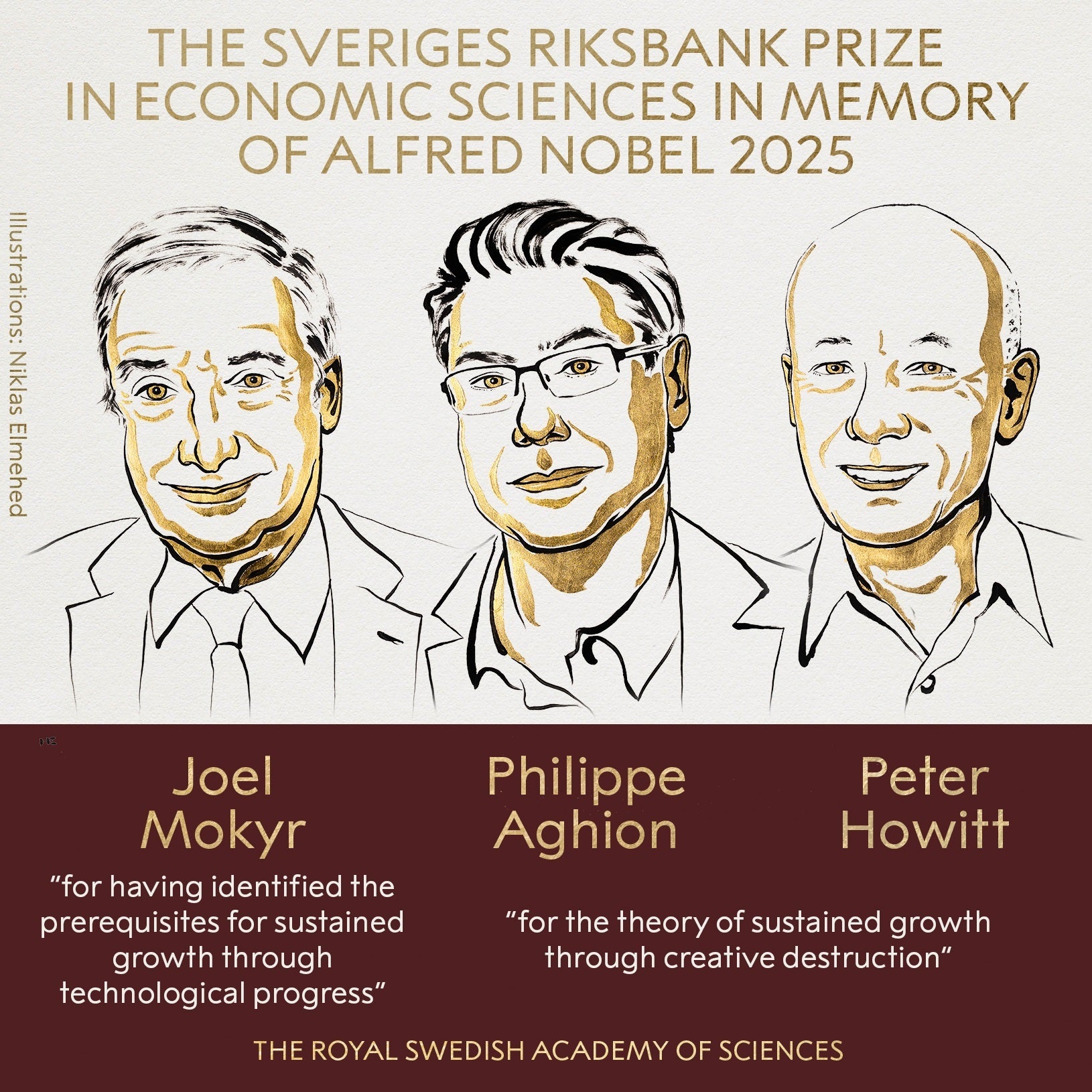 Joel Mokyr, Philippe Aghion y Peter Howitt, galardonados con el Nobel de Economía / Real Academia Sueca
