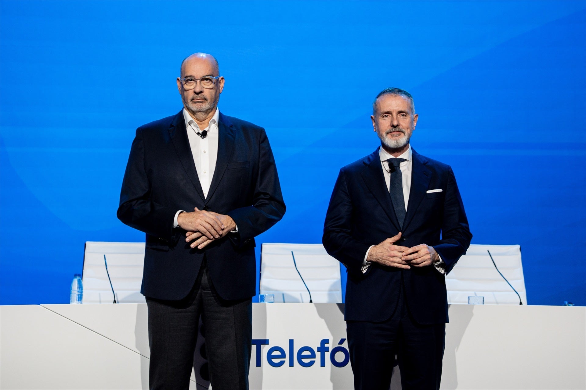El presidente de Telefónica, Marc Murtra, y el consejero delegado, Emilio Gayo, durante la presentación de resultados de la multinacional / EP