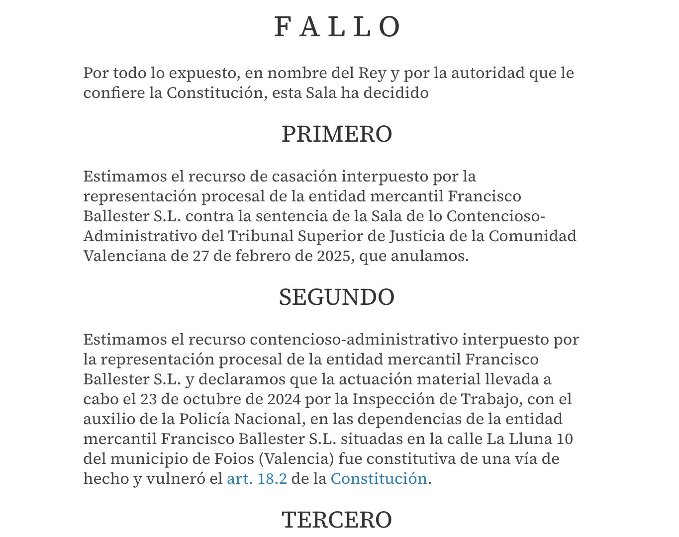 Veredicte de la sentència que limita l'actuació de la inspecció de Treball/QS
