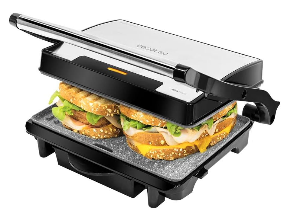 Cecotec Parrilla Eléctrica Rock'Ngrill 1500 Rapid, 1500 W, Revestimiento de Piedra Rockstone, Placa Superior Adaptable en Altura, Bandeja Recogegrasas, Revestimiento Ecológico, 12.4X30.8X33.2 Cm
